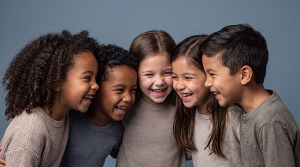 Obraz premium A portrait of a diverse group of multi-ethnic children huddled together, laughing and smiling against a soft blue studio background, representing friendship.