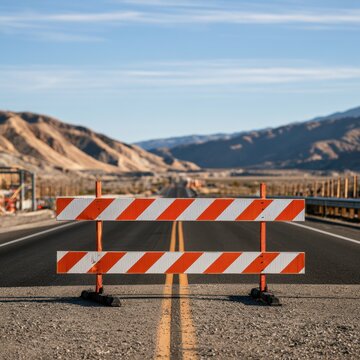 Roadblock with red and white striped barricades blocking a deserted highway leading to mountainous terrain under a clear blue sky on a sunny day
