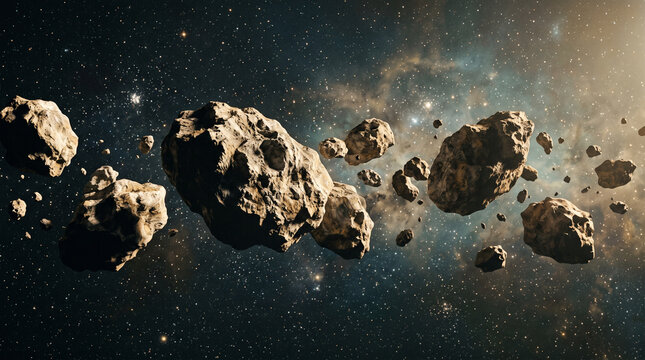 asteroids floating through deep space with starry nebula background