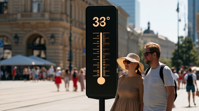 Digital street temperature display showing extreme summer heat in a historic European city, tourists seeking shade, climate change, heatwave, urban weather, tourism impact, with