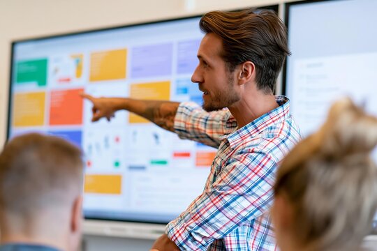 Business presentation with male speaker pointing at screen