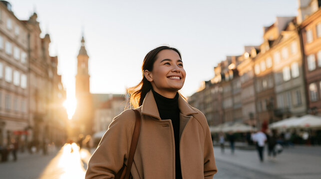 Happy Asian female traveler exploring a historic European market square at sunset, warm golden light, architecture and local atmosphere, cultural tourism, travel lifestyle,
