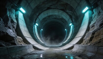 Fototapeta premium Vast underground disposal tunnel carved through smooth rock with pale concrete lining rings receding into darkness, cool cyan work lighting on walls, suspended dust, one point perspective