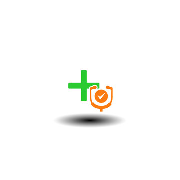 Vector illustration of medical healthcare cross and stethoscope with check mark. Symbol of health checkup. Icon of medical check-up.