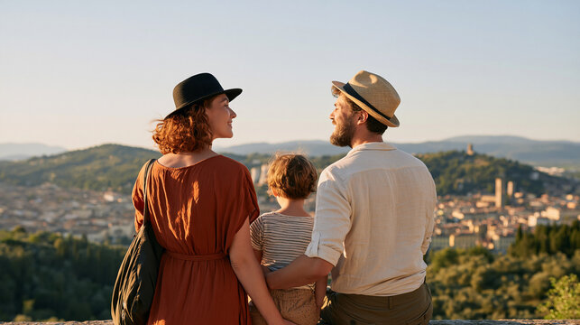 Happy family admiring a panoramic European city skyline from a scenic viewpoint, parents and child enjoying vacation, family tourism, city trip, travel lifestyle, with copy space