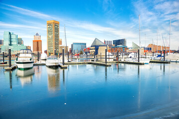 Obraz premium Frozen harbor and cityscape with modern buildings of Baltimore. Reflection in the frozen water.