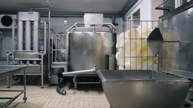 Stainless steel machinery processing fresh milk and separating whey from the curd. Clean and sterile environment in a modern cheese dairy