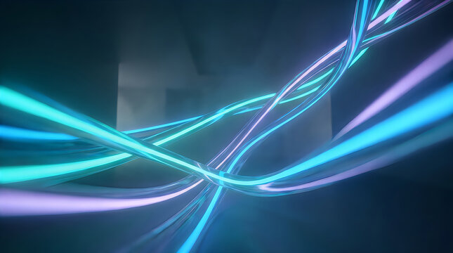 Futuristic glowing fiber optic cables, neon blue and purple light trails in dark space, high speed data transmission concept