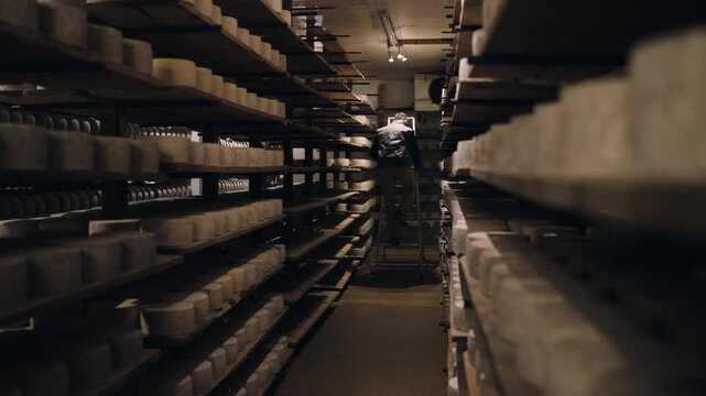 Worker on a ladder inspecting rows of aging cheese wheels on wooden shelves. Traditional cheesemaking process in a rustic cellar in Spain