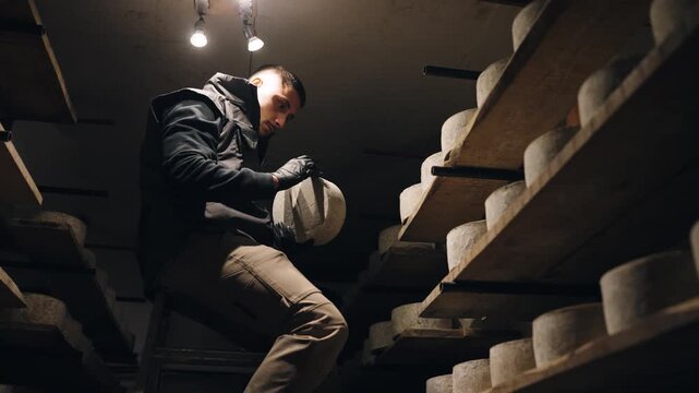 Young cheesemaker on a ladder carefully inspecting cheese wheels aging on wooden shelves in a dark cellar, traditional food production