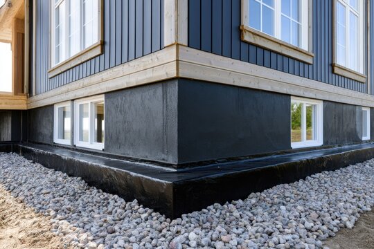 Corner view of modern house foundation with waterproof coating and decorative stone landscaping around base beneath large windows