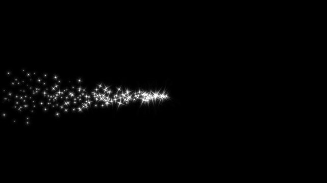 Twinkling star glitter line animation, magical sparkle dust trail, white glowing particles, shimmering fairy stars, fast light streaks, sparkle transition effect on black background, 4K video