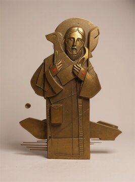 Geometric Catholic bishop bronze sculpture