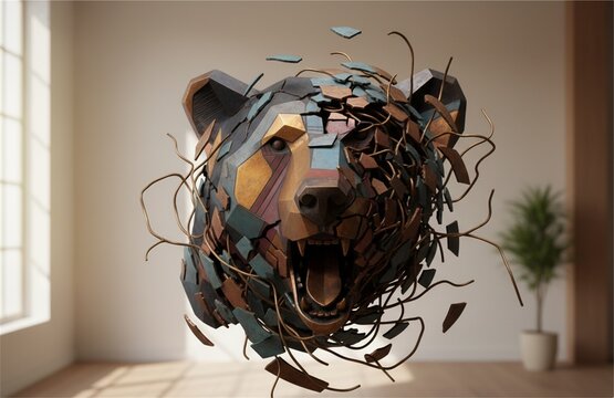 Fragmented colorful bear head sculpture