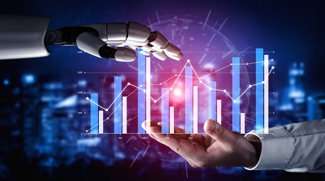 A close-up view of a robotic hand reaching towards a human hand, showcasing financial graphs and data visualization to represent business and technology integration. Scalp