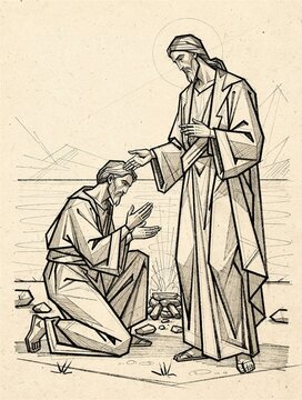 Jesus blessing Peter as he kneels