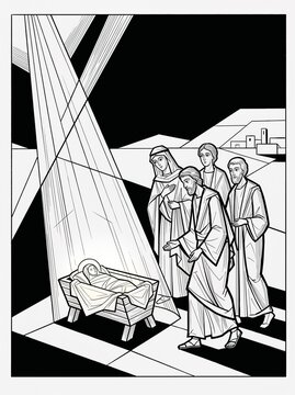 Shepherds worshiping beside the manger