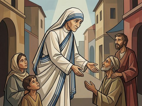 Mother Teresa serving people in a city street