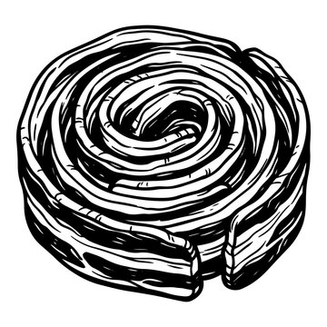 Black and white ink drawing of a coiled cinnamon roll