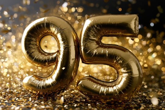 Shiny golden number 95 balloons surrounded by sparkling confetti and glowing bokeh lights celebrating a festive milestone or anniversary event
