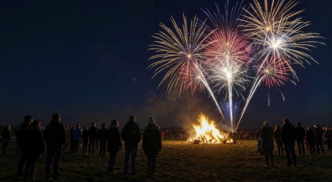 Fireworks exploding in the night sky over a large bonfire. Crowd of people watching a firework display in a field. Bonfire night celebration