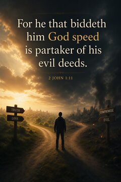 A powerful visual representation of 2 John 1:11, emphasizing biblical doctrine, spiritual discernment, and the solemn warning against evil deeds, presented as a Christian scripture
