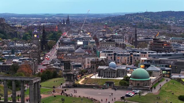 Beautiful Aerial View of Calton Hill and Edinburgh Skyline, Scotland