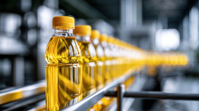 Yellow-capped transparent bottles filled with golden liquid aligned on a conveyor belt in a modern industrial production facility with blurred background