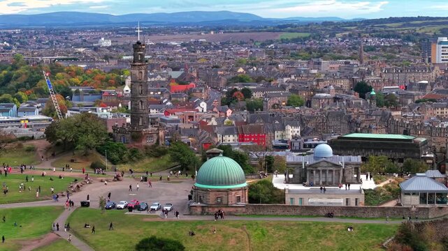 Beautiful Aerial View of Calton Hill and Edinburgh Skyline, Scotland