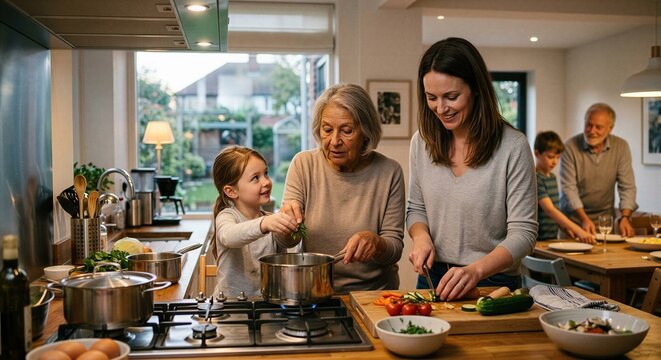 Eine generationen&uuml;bergreifende Familie kocht gemeinsam in einer hellen K&uuml;che. Eine Gro&szlig;mutter und eine Enkelin bereiten Essen zu, w&auml;hrend die Mutter zuschaut. Im Hintergrund decken M&auml;nner den Tisch.