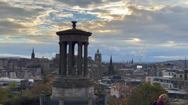 Beautiful Aerial View of Calton Hill and Edinburgh Skyline, Scotland