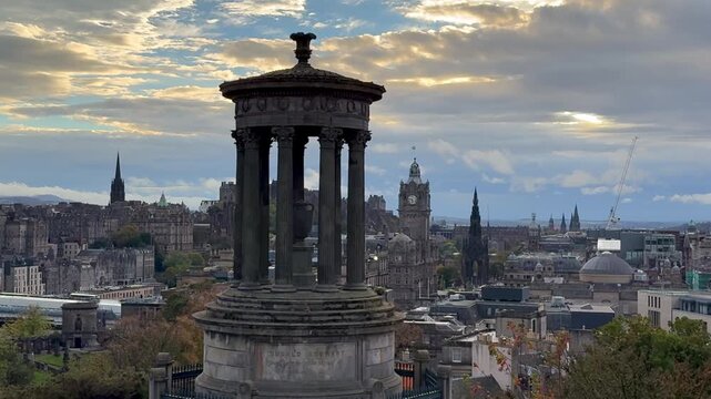 Beautiful Aerial View of Calton Hill and Edinburgh Skyline, Scotland