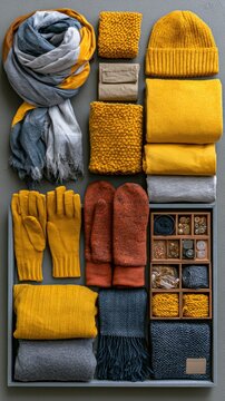 A flat lay shows various winter clothing items arranged neatly in a grid. Scarves, gloves, and hats are displayed in warm colors for autumn style.