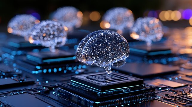 Futuristic concept of artificial intelligence with illuminated digital brains connected on advanced circuit boards in a dark technology environment