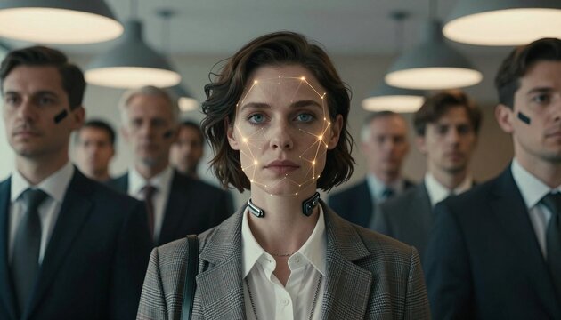 Corporate AI Face Recognition Technology with Business Professionals in Modern Office