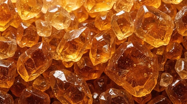 Close-up view of translucent golden brown sugar crystals, macro texture of granulated rock sugar, amber colored crystalline surface, food ingredient background