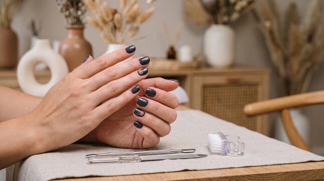 Woman's hands with dark helloween nail polish and manicure tools. Trendy nail art designs for festive autumn celebrations, beauty salons, and seasonal fashion.