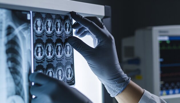 Close up of gloved hands adjusting digital X-ray panel, soft clinical blue light, blurred imaging equipment in background, shallow focus, photorealistic, dark muted palette, medical setting