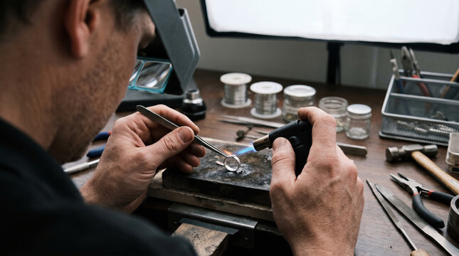 Jeweler working on a ring with a torch and tools