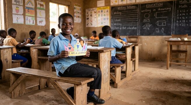 African schoolboy holding handmade paper crown at classroom desk. Creative school craft and student pride