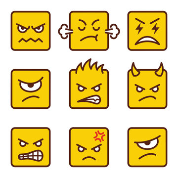 Collection of nine yellow square emoticons displaying various angry facial expressions, conveying emotions like rage and frustration.