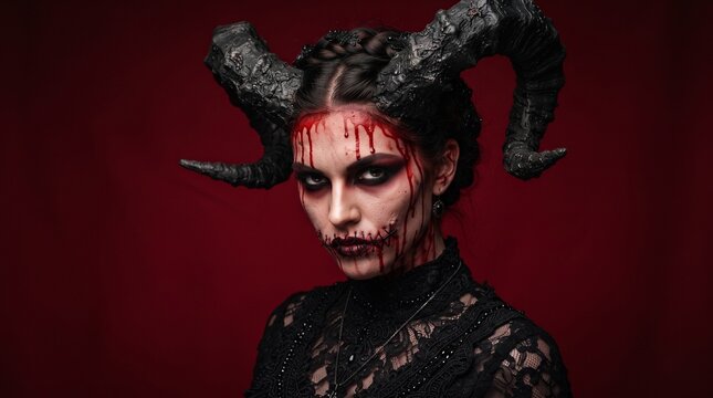 woman with scary halloween makeup with bloody horns red background, lady demon