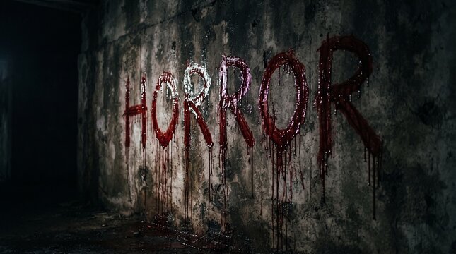 Horror text written in blood on a dark, gritty, textured wall background