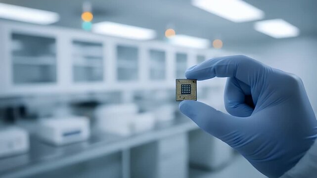 Close up of a gloved hand holding a microchip, highlighting precision engineering and advanced technology in a laboratory setting for innovative research and development.