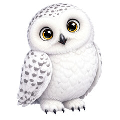 Fototapeta premium Cute snowy owl with big eyes on transparent background. Adorable white bird illustration for kids design, sticker, greeting card, nursery decor and winter