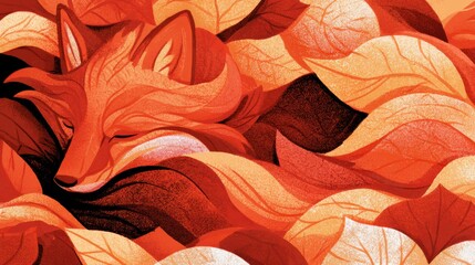 Fototapeta premium A fox lies among fallen leaves, blending into an autumn scene filled with rich colors and details.