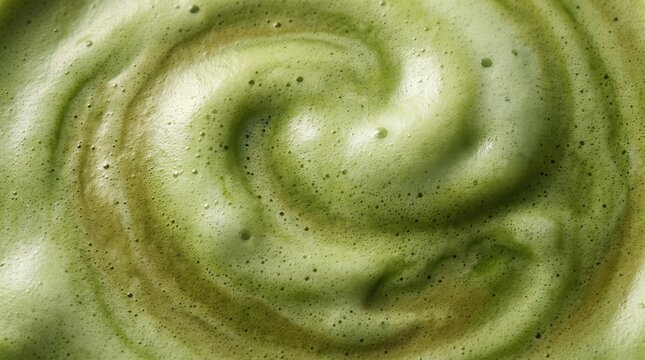 Close-up view of vibrant green matcha tea foam with a swirling vortex pattern, featuring tiny air bubbles and creamy textures in shades of light and dark lime green