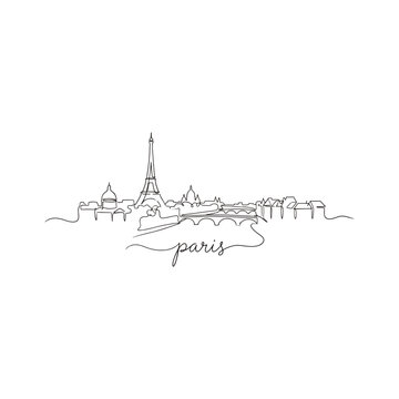 Minimalist single continuous line drawing of paris city skyline