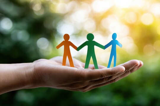 Hand holding colorful paper cutout figures symbolizing unity friendship and support with natural blurred background and warm sunlight glow
