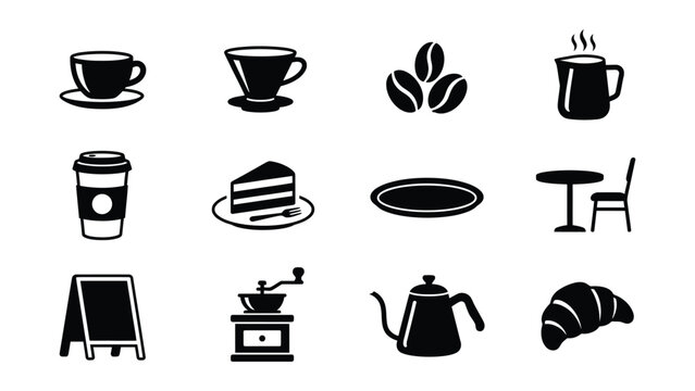 Black and White Coffee Shop Items Flat Icon Set with Transparent Background